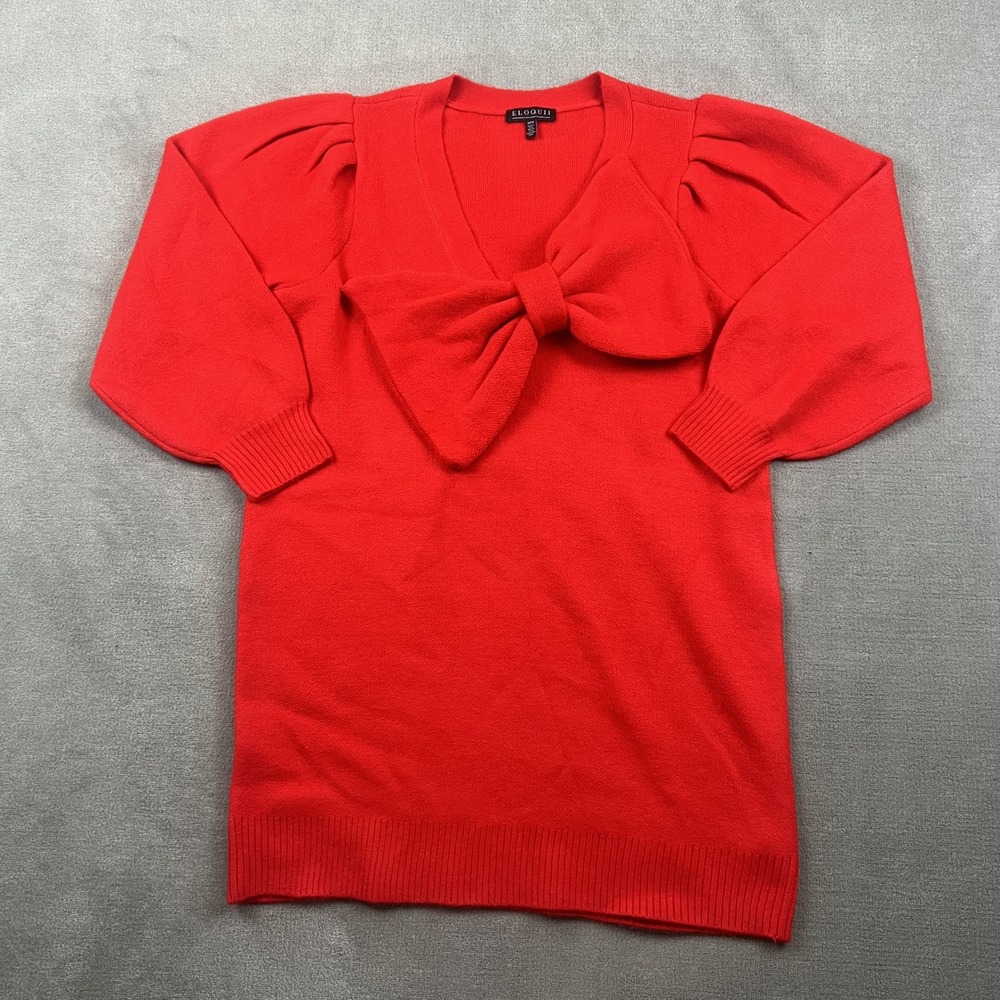 Eloquii Sweater Dress Women 18/20 Red Oversized Bow Puff Sleeve V-Neck Plus Size